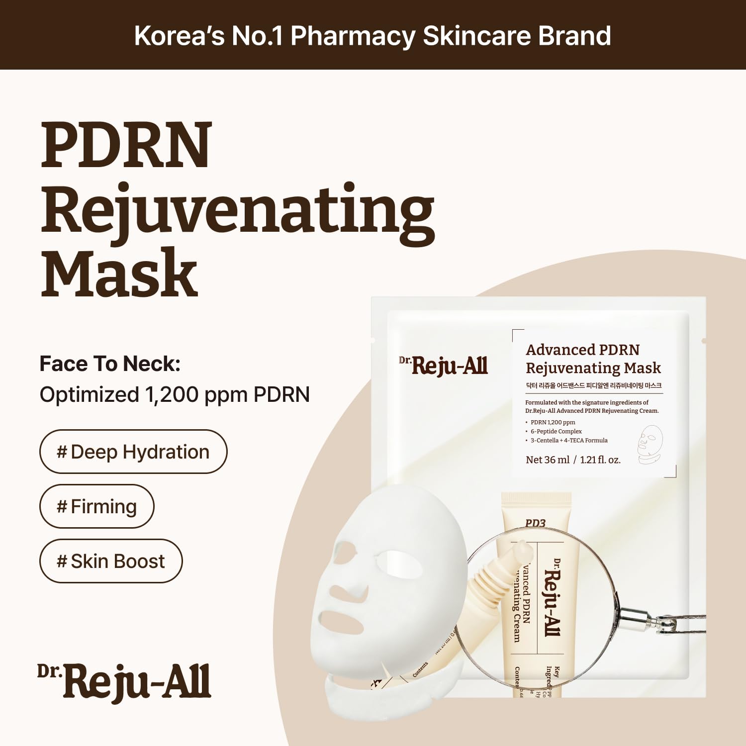 Dr.Reju-All Advanced PDRN Rejuvenating Mask - Face & Neck Korean Sheet Mask with 1,200 ppm PDRN, Collagen & Copper Peptides - Hydrating & Soothing, Skin Repair (1.2 Fl Oz x 4EA)